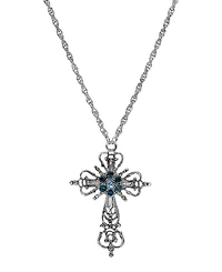 Symbols of Faith Silver-Tone Cross Blue Crystals 30" Necklace