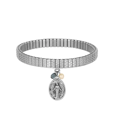 Symbols of Faith Silver Tone Oval Miraculous Medal Charm Pearl Montana Bead Stretch Bracelet