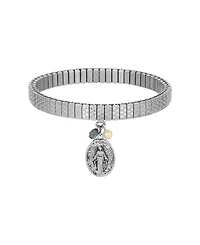 Symbols of Faith Silver Tone Oval Miraculous Medal Charm Pearl Montana Bead Stretch Bracelet