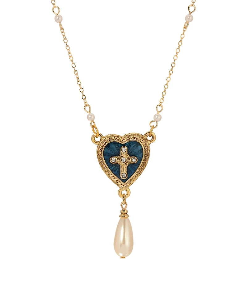 Symbols of Faith Gold-Tone Blue Enamel Heart Cross Teardrop Bead 16" + 3" Necklace