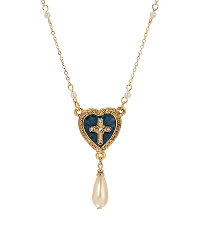 Symbols of Faith Gold-Tone Blue Enamel Heart Cross Teardrop Bead 16" + 3" Necklace