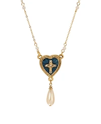 Symbols of Faith Gold-Tone Blue Enamel Heart Cross Teardrop Bead 16" + 3" Necklace