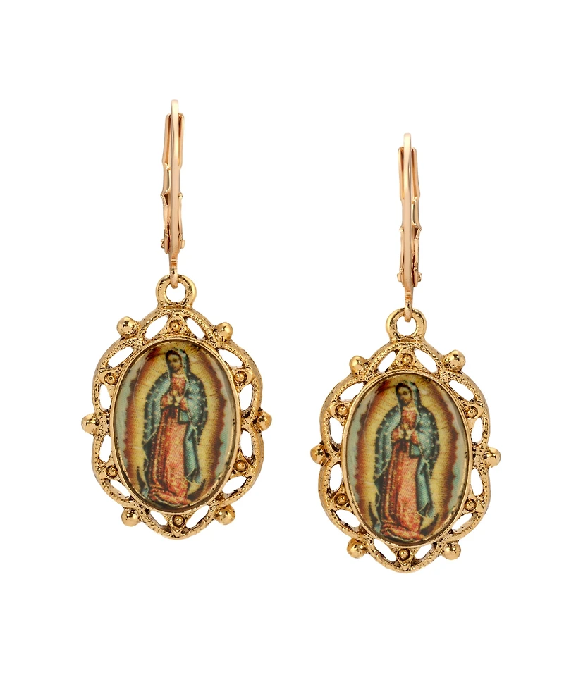 Symbols of Faith Gold Tone Our Lady of Guadalupe Decal Oval Leverback Earrings