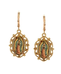 Symbols of Faith Gold Tone Our Lady of Guadalupe Decal Oval Leverback Earrings