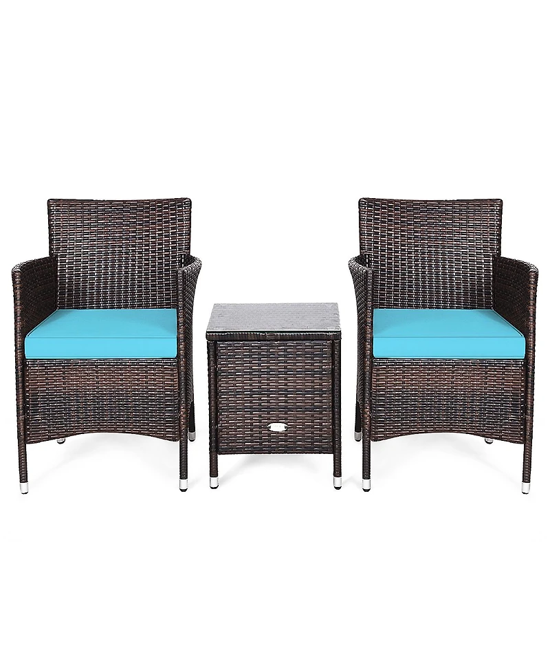 Gymax 3PCS Patio Rattan Chair & Table Furniture Set Outdoor w/ Beige Cushion