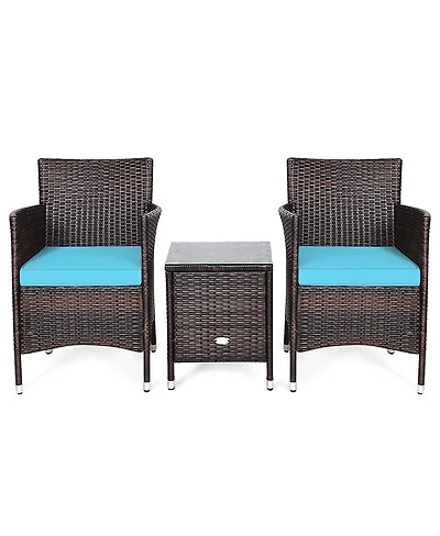 Gymax 3PCS Patio Rattan Chair & Table Furniture Set Outdoor w/ Beige Cushion