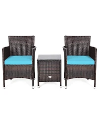 Gymax 3PCS Patio Rattan Chair & Table Furniture Set Outdoor w/ Beige Cushion