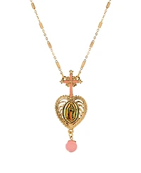 Symbols of Faith Gold-Tone Cross Pink Heart Guadalupe Decal Pendant Bead 28" Necklace