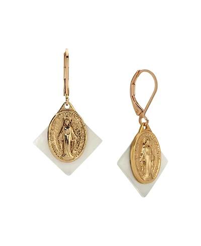 Symbols of Faith Gold Tone Mother Of Pearl Miraculous Medal Leverback Earrings