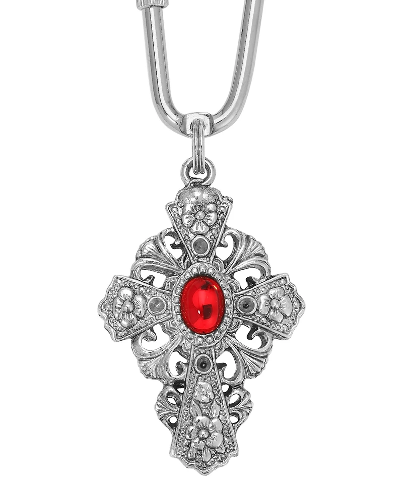 Symbols of Faith Silver Tone Cross Oval Red Stone Key Chain