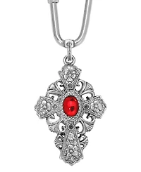 Symbols of Faith Silver Tone Cross Oval Red Stone Key Chain