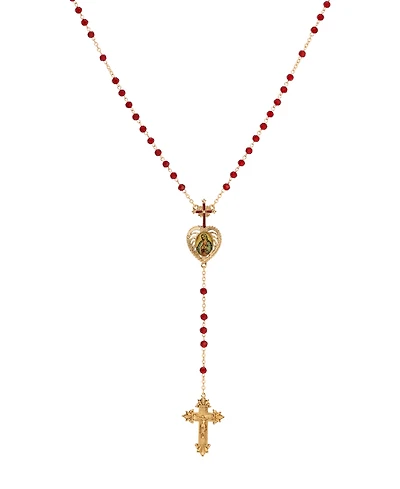 Symbols of Faith Gold Tone Cross Heart Lady Of Guadalupe Decal Red Bead Chain Rosary Necklace