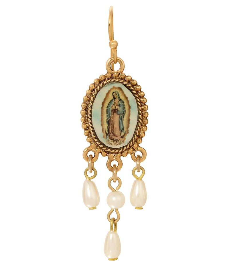 Symbols of Faith Gold Tone Our Lady of Guadalupe Faux Pearl Drops Hand Enamel Wire Earrings