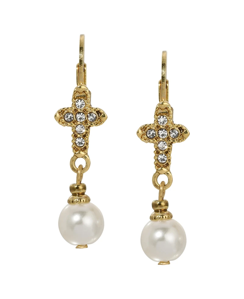 Symbols of Faith Gold Tone Crystal Cross With Faux Pearl Drop Leverback Earrings