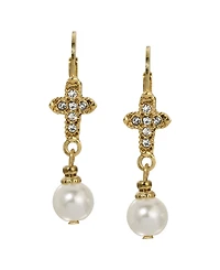 Symbols of Faith Gold Tone Crystal Cross With Faux Pearl Drop Leverback Earrings