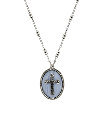 Symbols of Faith Silver-Tone Oval Blue Lace Stone Pewter Cross 18" Necklace