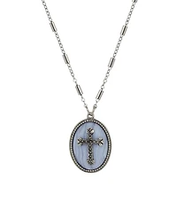 Symbols of Faith Silver-Tone Oval Blue Lace Stone Pewter Cross 18" Necklace