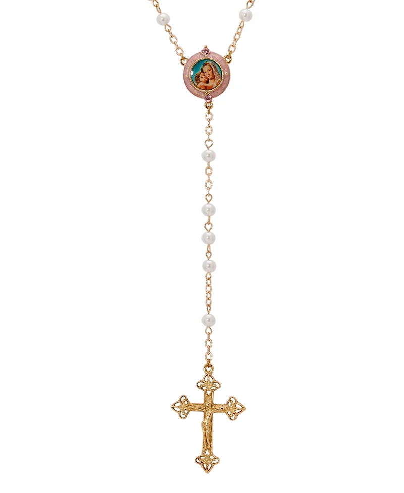 Symbols of Faith 14k Gold Dipped Mary Child Decal Imitation Pearl Rosary