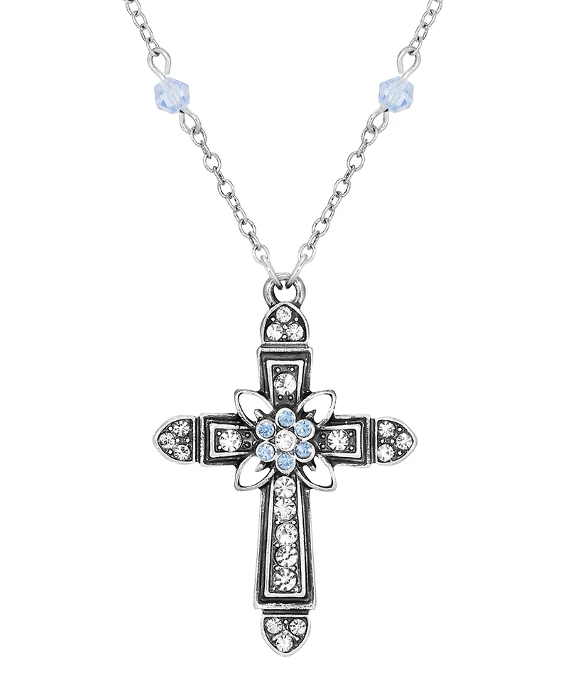 Symbols of Faith Silver-Tone Cross Center Flower Clear Sapphire Crystals 16" + 3" Necklace