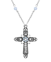 Symbols of Faith Silver-Tone Cross Center Flower Clear Sapphire Crystals 16" + 3" Necklace