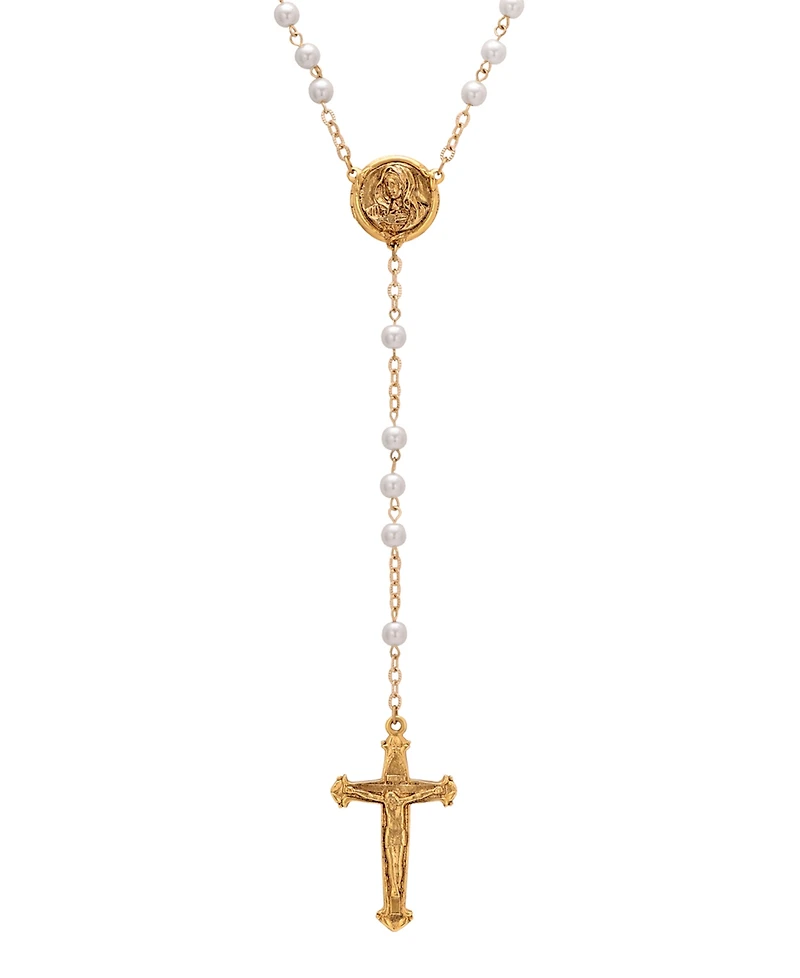 Symbols of Faith Gold-Tone White Bead Virgin Mary Locket Rosary