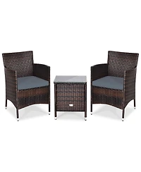 Gymax 3PCS Patio Rattan Chair & Table Furniture Set Outdoor w/ Beige Cushion