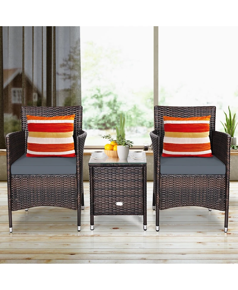 Gymax 3PCS Patio Rattan Chair & Table Furniture Set Outdoor w/ Beige Cushion