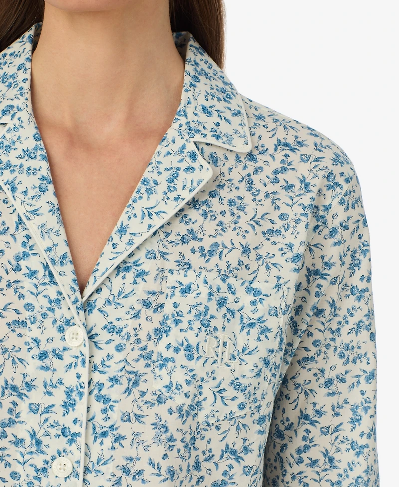 Lauren Ralph Women's Notch Collar Top and Ankle Length Pajama Pants, 2-Piece Set