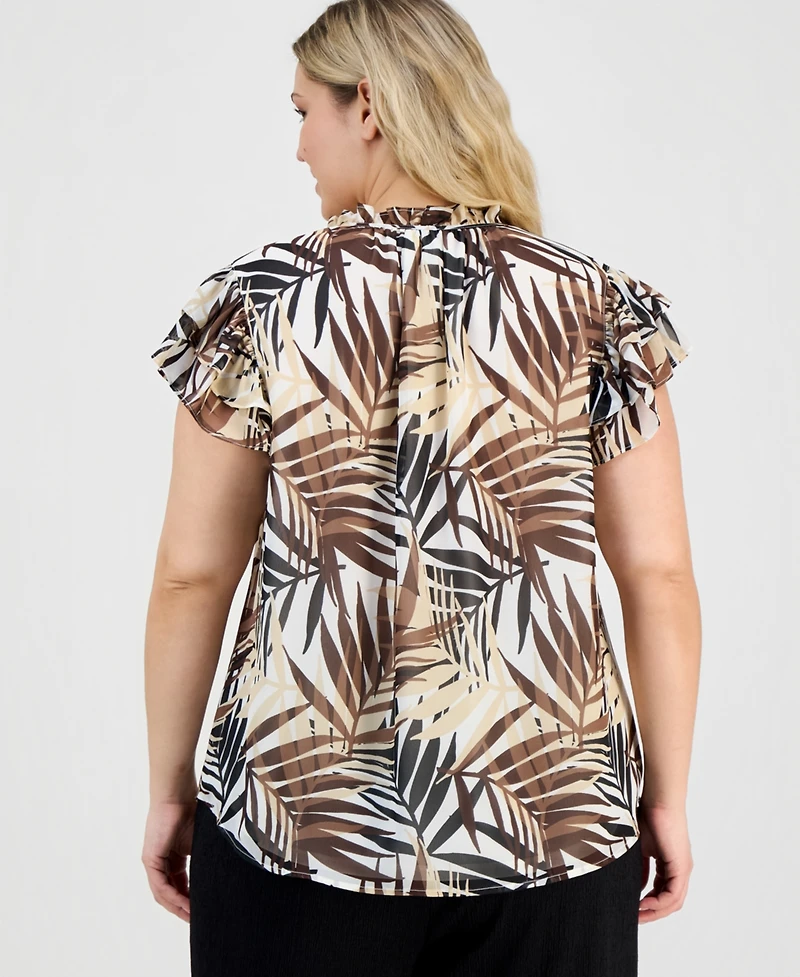 Anne Klein Plus Flutter-Sleeve Tie-Neck Top