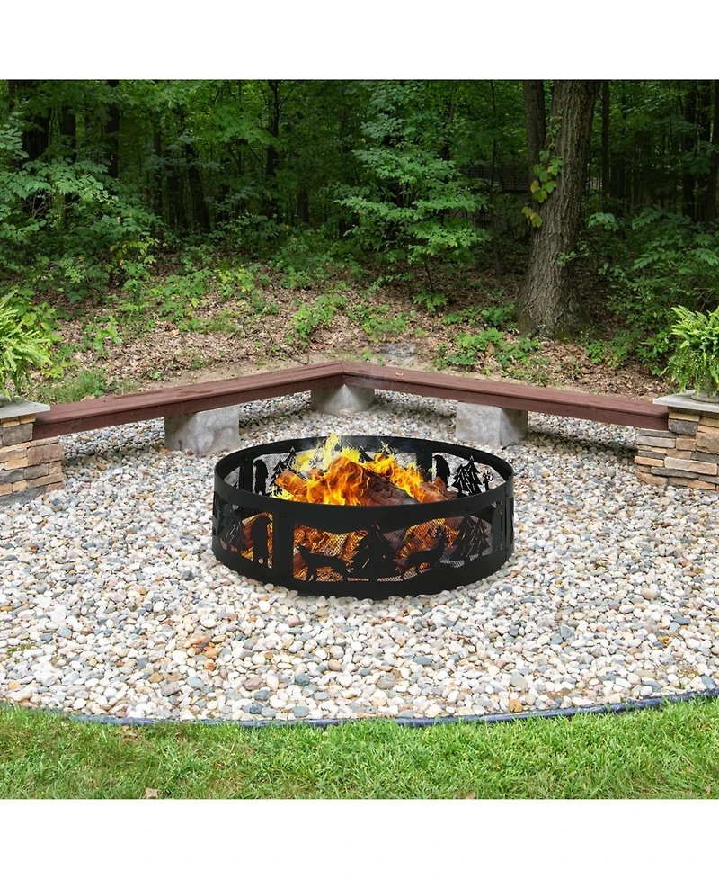 Forest Wilderness Heavy-Duty Steel Fire Pit Ring with 360-Degree Wildlife Cutouts - 36-Inch Round - Black