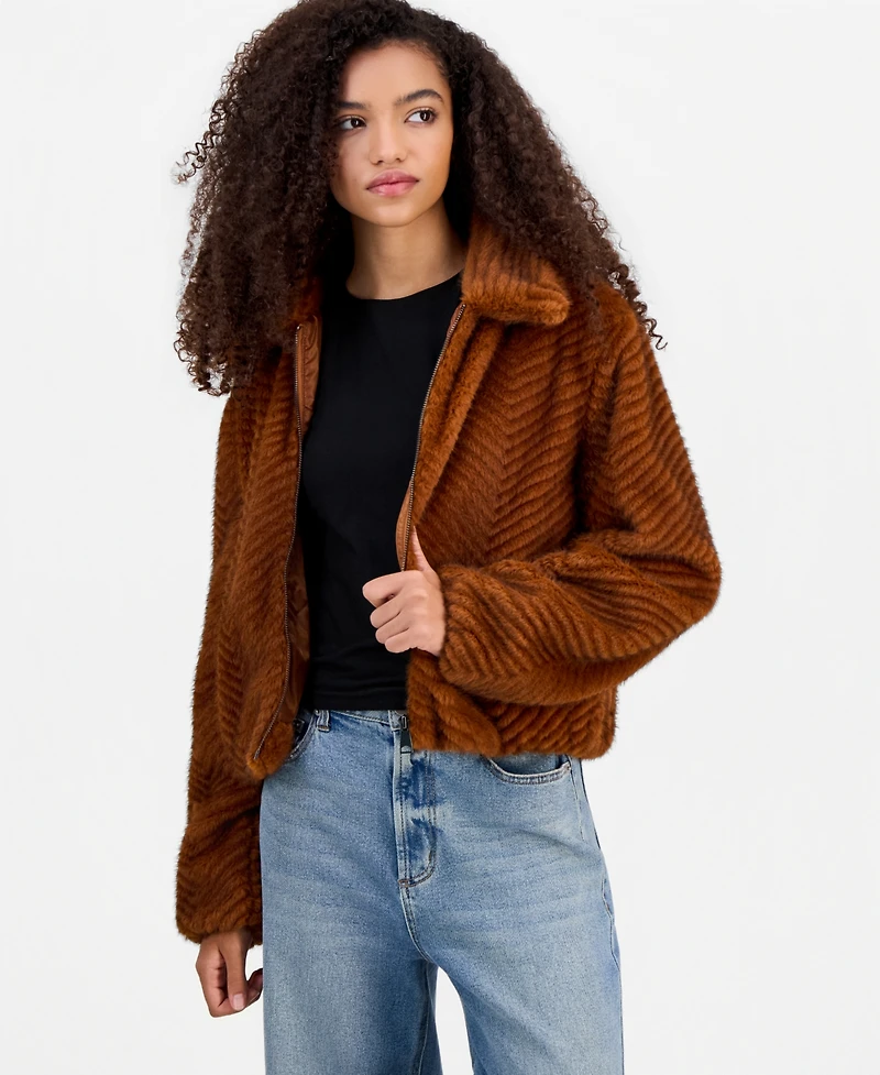 CoffeeShop Women's Faux-Fur Chevron Jacket, Created for Macy's