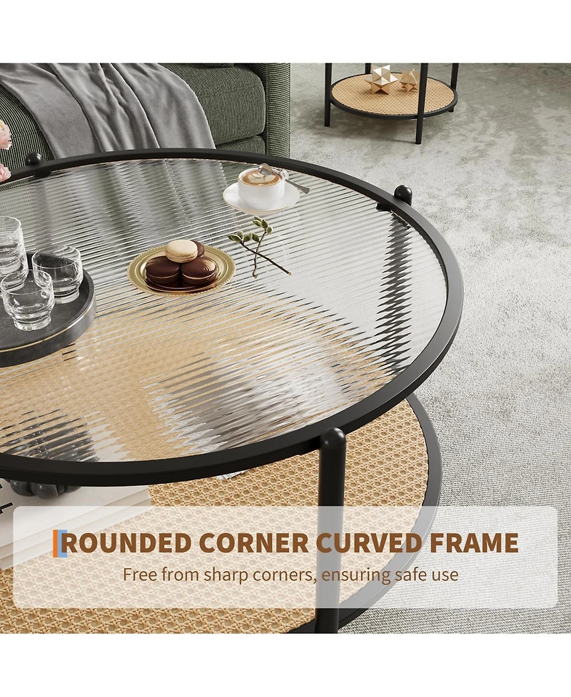 gaomon 30" 2-Tier Rattan Coffee Table with Water-Wave Glass