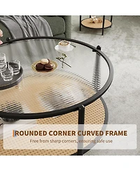 gaomon 30" 2-Tier Rattan Coffee Table with Water-Wave Glass