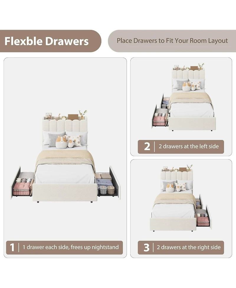 gaomon Twin Boucle Upholstered Bed Frame with Storage Bookcase Headboard and 2 Drawers