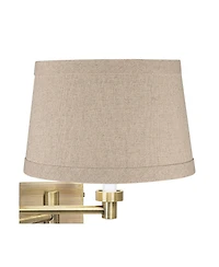 Barnes and Ivy Modern Swing Arm Wall Lamp with Cord Cover Antique Brass Plug-In Light Fixture Linen Drum Shade for Bedroom