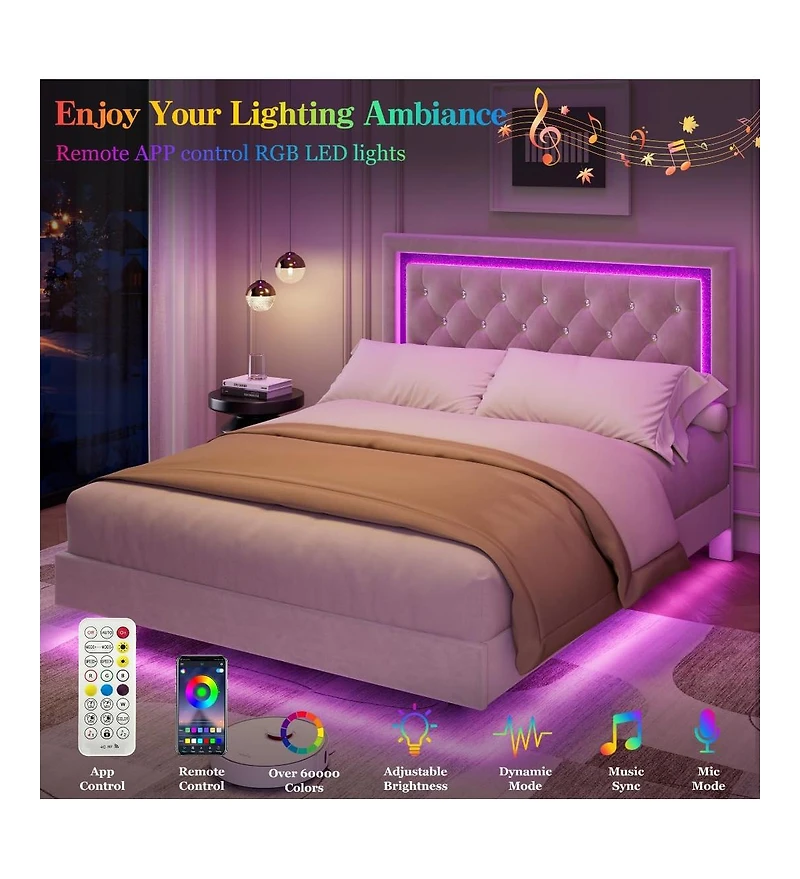 gaomon Queen Floating Bed Frame with Led Lights, Upholstered Platform with Diamond Headboard, Wood Slats Support