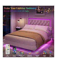 gaomon Queen Floating Bed Frame with Led Lights, Upholstered Platform with Diamond Headboard, Wood Slats Support