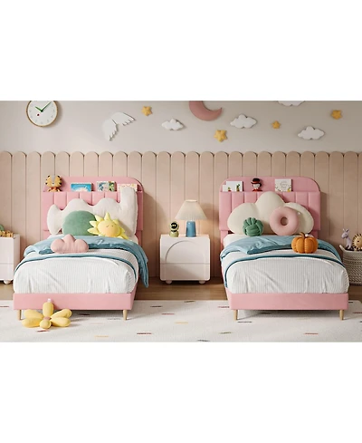 gaomon Set of 2 Twin Upholstered Bed Frames with Bookcase Headboard, Velvet Platform Design