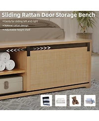 gaomon Rattan King Size Bed Frame with Sliding Barn Door Storage Cabinets and Led Light Headboard, Boho Farmhouse Wood Platform Bed with Solid