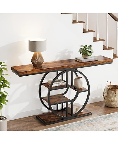 gaomon 55" Industrial Narrow Console Sofa Table with O-Shaped Metal Frame and 5-Tier Storage, Entryway Table