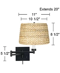 Franklin Iron Works Modern Swing Arm Wall Lamp Plug-In Light Fixture Woven Seagrass Drum Shade for Bedroom Living Room