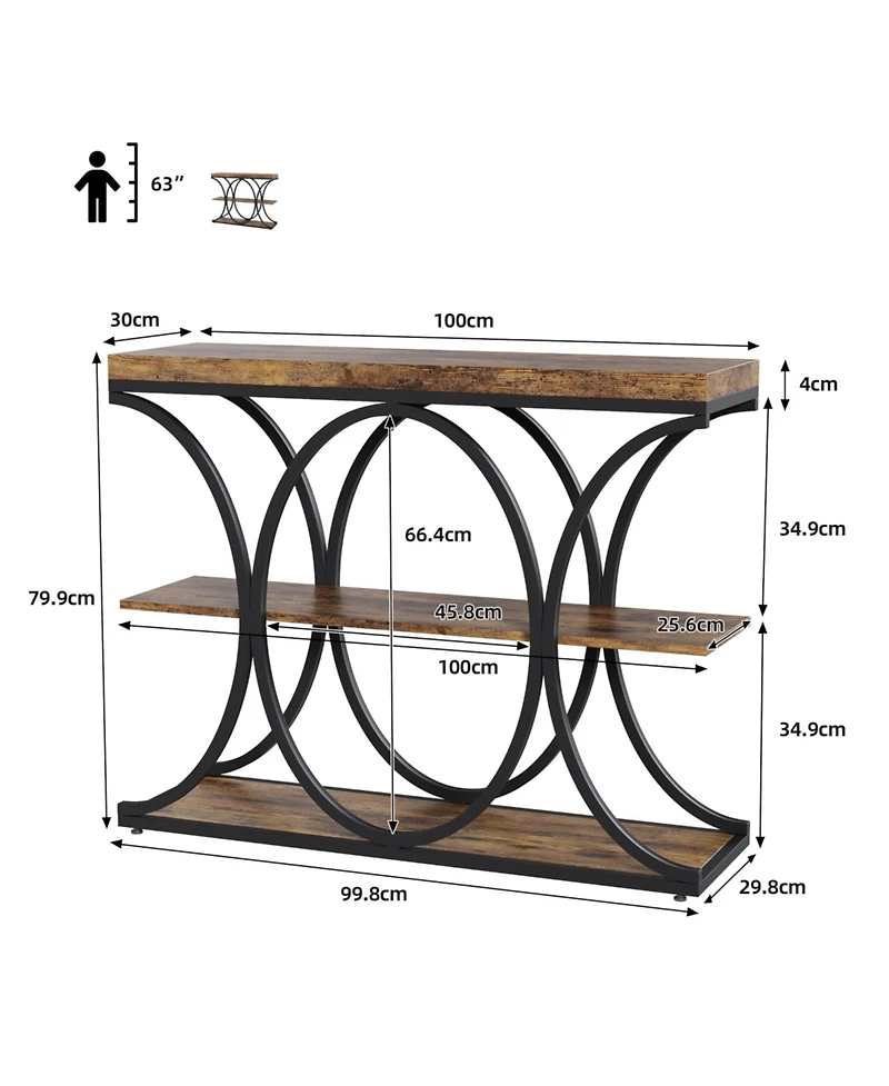 gaomon 39" Industrial 3-Tier Sofa Console Table with Oval-Shaped Metal Frame and Adjustable Feet, Entryway Table