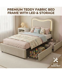 gaomon Full Boucle Bed Frame with 2 Storage Drawers and Led Headboard, Upholstered Platform for Kids