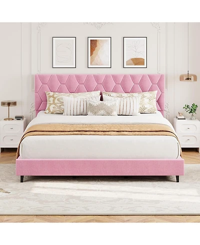 gaomon King Upholstered Bed Frame with Headboard, Platform Design with Wood Slats