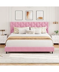 gaomon King Upholstered Bed Frame with Headboard, Platform Design with Wood Slats