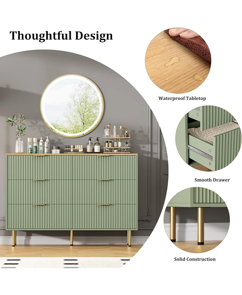 gaomon 47" Wide 6-Drawer Fluted Dresser, Modern Wooden Double Chest for Hallway