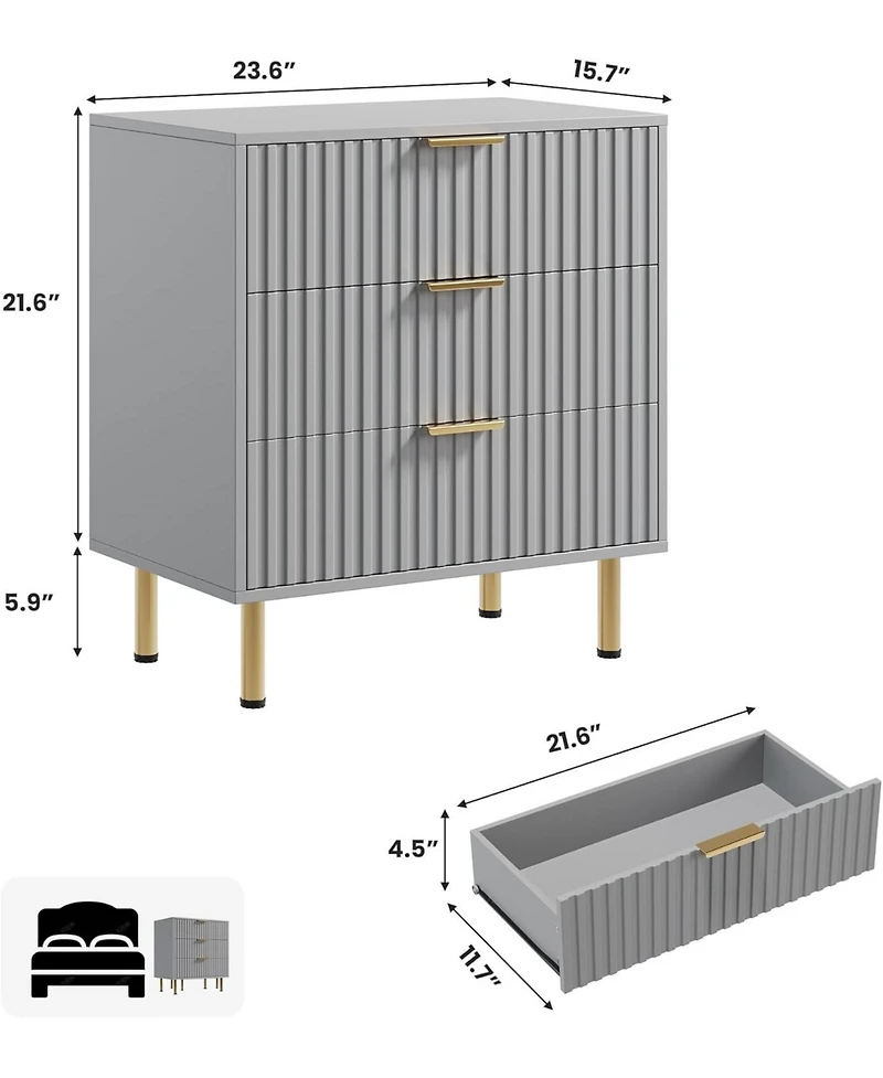 gaomon 3-Drawer Fluted Dresser, Modern Nightstand with Metal Handles & Deep Drawers