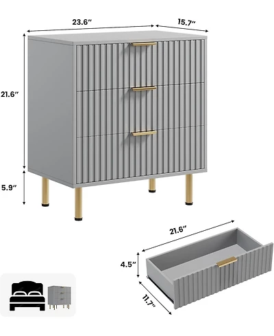 gaomon 3-Drawer Fluted Dresser, Modern Nightstand with Metal Handles & Deep Drawers