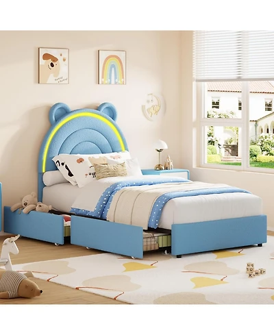 gaomon Twin Velvet Bed Frame with Bear Headboard, Led Lights and 2 Drawers, Upholstered Platform