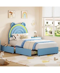 gaomon Twin Velvet Bed Frame with Bear Headboard, Led Lights and 2 Drawers, Upholstered Platform